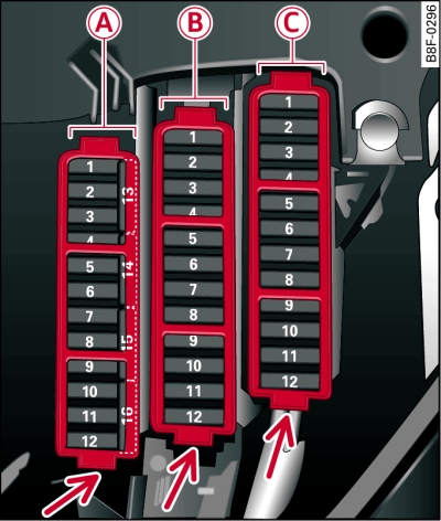 Left side of dash panel: Fuse carrier with plastic frames